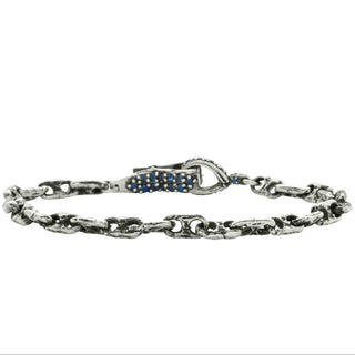 Karen Karch Silver Handmade Chain Weathered 2-Hole Link Bracelet with Blue Sapphire Studded Spring Hook Clasp back side on white background. 