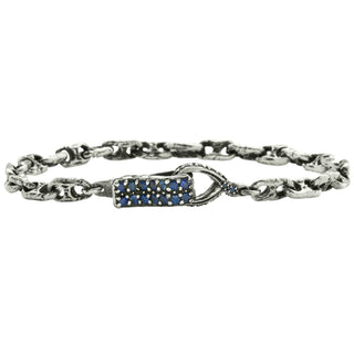 Karen Karch Silver Handmade Chain Weathered 2-Hole Link Bracelet with Blue Sapphire Studded Spring Hook Clasp on white background. 
