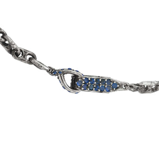 Close up of Karen Karch Blue Sapphire Studded Spring Hook Clasp Back Side on Silver Handmade Chain Weathered 2-Hole Link Bracelet.