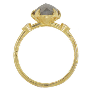 Top view of a Karen Karch 18k Dark Grey Trilliion Diamond held by 4 claws with a colorless diamond on each side on a weathered gold band