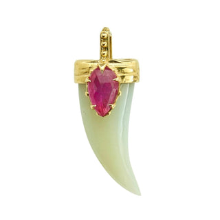 Karen Karch Draped Lucky Horn Amulet 18k Yellow Gold Ruby Moonstone Amulet on White Background
