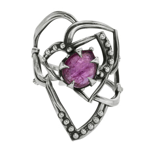 Karen Karch Jaipur Rose Tattoo  Sterling Silver Ring with a Pear shape center stone held by claws on white background.