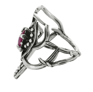Karen Karch Jaipur Rose Tattoo  Sterling Silver Ring with a Pear shape center stone held by claws, side view, on white background.