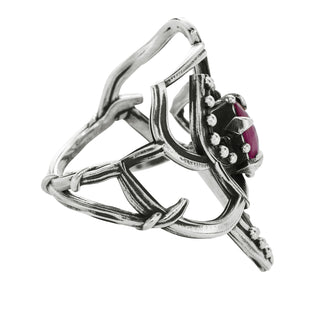 Karen Karch Jaipur Rose Tattoo  Sterling Silver Ring with a Pear shape center stone held by claws, side view 2, on white background.