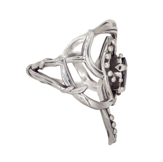 Side view of a Karen Karch Silver Rose Tattoo Outline Ring with ball details and a dark blue sapphire center stone held by 4 claws on a white background.