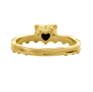 KAREN KARCH Jaipur Sway Heart Solitaire black diamond 18ky ring with a four-claw demi-bezel and a textured ball detail gold band, back view, on white background.