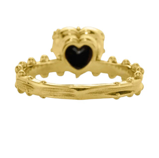 KAREN KARCH Jaipur Swing Heart Solitaire black diamond 18ky ring with a four-claw demi-bezel and a textured ball detail gold band, back view.