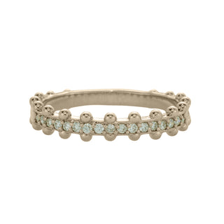 Karen Karch Jaipur Swing 18kw Diamond Half Eternity Ring with Ball details on both sides of band on white background.