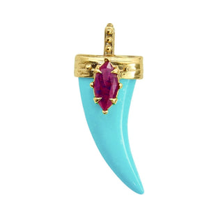 Karen Karch Draped Lucky Horn Amulet 18k Yellow Gold Ruby Turquoise Amulet on White Background