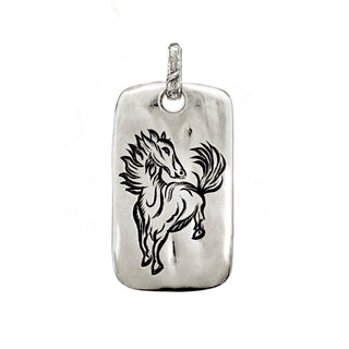 KAREN KARCH LEGEND FIRE HORSE TAG Sterling Silver on white background.