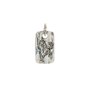 A Karen Karch weathered silver dog tag pendant featuring an embossed fire horse design, shown against a plain white background.