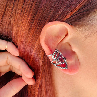 Karen Karch Silver Jaipur Rose Tattoo Marquise Rose Cut Ruby Ear Cuff on the ear.