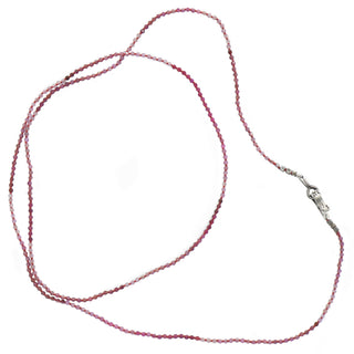 Karen Karch Silver VINE TATTOO HOOKED Clasp Bead LITHE necklace in pink to red shaded 2mm faceted round beads on a white background. 