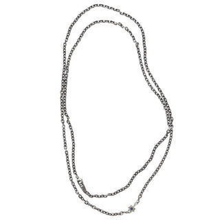 Karen Karch Long Silver Chain necklace with Lapis center Star shown Doubled, full necklace on white background.