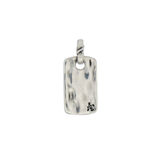Back side of a Karen Karch Silver Mini Dragon Legend Dog Tag pendant with our K-Rose hallmark Logo on a white background.