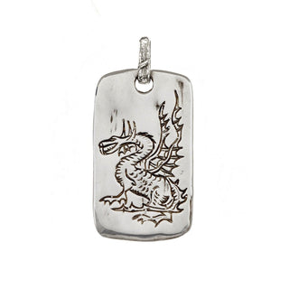 Karen Karch Silver Dod Tag pendant with an engraved dragon design on a white background