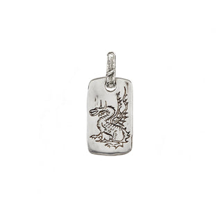 Karen Karch Silver Mini Dog Tag pendant with an engraved dragon design on a white background.
