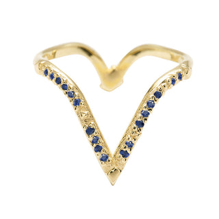 Karen Karch by Deme Wolfe Blue Sapphire 10k yellow Gold Peak V shape Ring on a white background 