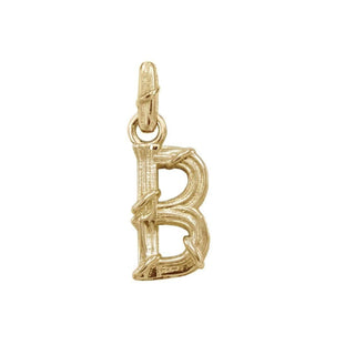 Karen Karch textured 10k yellow gold charm in the shape of the letter 'B' with a vine-detail and rectangular bail on white background.