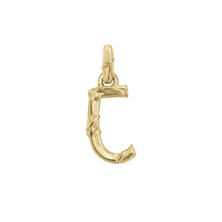 Karen Karch textured 10k yellow gold charm in the shape of the letter 'C' with a vine-detail and rectangular bail on white background.