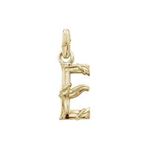 Karen Karch textured 10k yellow gold charm in the shape of the letter 'E' with a vine-detail and rectangular bail on white background.