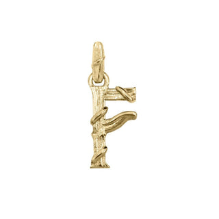 Karen Karch textured 10k yellow gold charm in the shape of the letter 'F' with a vine-detail and rectangular bail on white background.