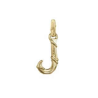 Karen Karch textured 10k yellow gold charm in the shape of the letter 'J' with a vine-detail and rectangular bail on white background.