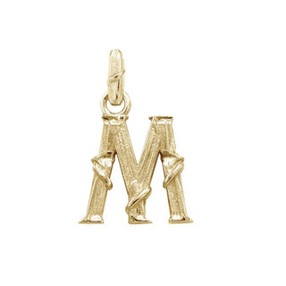 Karen Karch textured 10k yellow gold charm in the shape of the letter 'M' with a vine-detail and rectangular bail on white background.