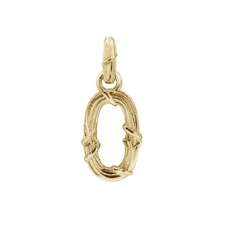 Karen Karch textured 10k yellow gold charm in the shape of the letter 'O' with a vine-detail and rectangular bail on white background.