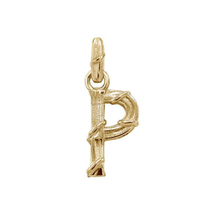 Karen Karch textured 10k yellow gold charm in the shape of the letter 'P' with a vine-detail and rectangular bail on white background.