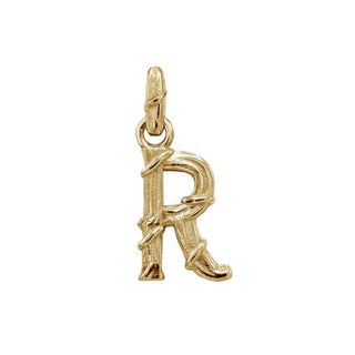Karen Karch textured 10k yellow gold charm in the shape of the letter 'R' with a vine-detail and rectangular bail on white background.