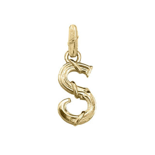Karen Karch textured 10k yellow gold charm in the shape of the letter 'S' with a vine-detail and rectangular bail on white background.