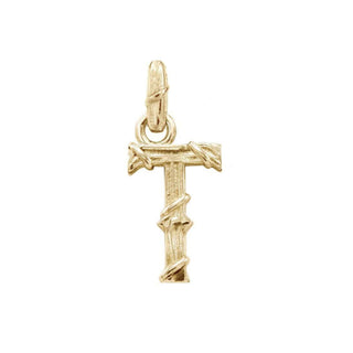 Karen Karch textured 10k yellow gold charm in the shape of the letter 'T' with a vine-detail and rectangular bail on white background.
