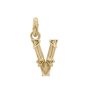 Karen Karch textured 10k yellow gold charm in the shape of the letter 'V' with a vine-detail and rectangular bail on white background.