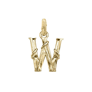 Karen Karch textured 10k yellow gold charm in the shape of the letter 'W' with a vine-detail and rectangular bail on white background.