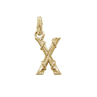 Karen Karch textured 10k yellow gold charm in the shape of the letter 'X' with a vine-detail and rectangular bail on white background.