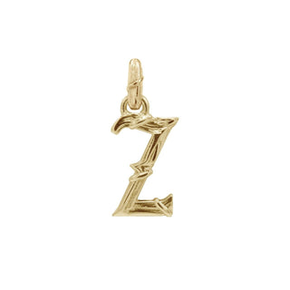 Karen Karch textured 10k yellow gold charm in the shape of the letter 'Z' with a vine-detail and rectangular bail on white background.