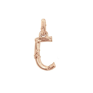 Karen Karch textured 10k rose gold charm in the shape of the letter 'C' with a vine-detail and rectangular bail on white background.