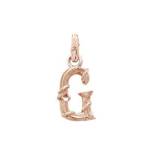 Karen Karch textured 10k rose gold charm in the shape of the letter 'G' with a vine-detail and rectangular bail on white background.