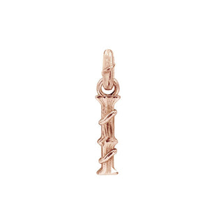Karen Karch textured 10k rose gold charm in the shape of the letter 'I' with a vine-detail and rectangular bail on white background.