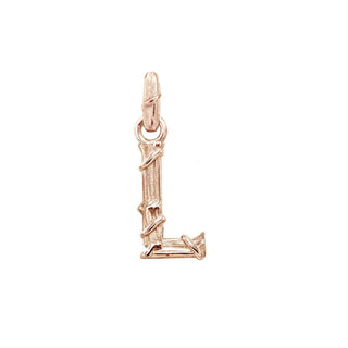 Karen Karch textured 10k rose gold charm in the shape of the letter 'L' with a vine-detail and rectangular bail on white background.