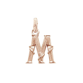 Karen Karch textured 10k rose gold charm in the shape of the letter 'M' with a vine-detail and rectangular bail on white background.