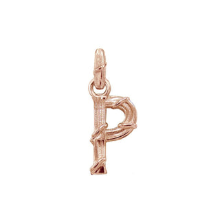 Karen Karch textured 10k rose gold charm in the shape of the letter 'P' with a vine-detail and rectangular bail on white background.