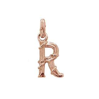 Karen Karch textured 10k rose gold charm in the shape of the letter 'R' with a vine-detail and rectangular bail on white background.