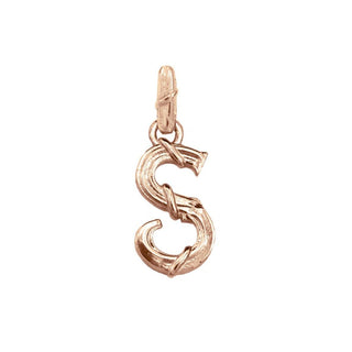 Karen Karch textured 10k rose gold charm in the shape of the letter 'S' with a vine-detail and rectangular bail on white background.