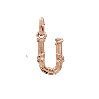 Karen Karch textured 10k rose gold charm in the shape of the letter 'U' with a vine-detail and rectangular bail on white background.
