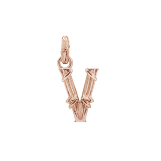 Karen Karch textured 10k rose gold charm in the shape of the letter 'V' with a vine-detail and rectangular bail on white background.