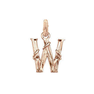 Karen Karch textured 10k rose gold charm in the shape of the letter 'W' with a vine-detail and rectangular bail on white background.