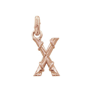 Karen Karch textured 10k rose gold charm in the shape of the letter 'X' with a vine-detail and rectangular bail on white background.