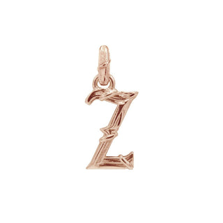 Karen Karch textured 10k rose gold charm in the shape of the letter 'Z' with a vine-detail and rectangular bail on white background.
